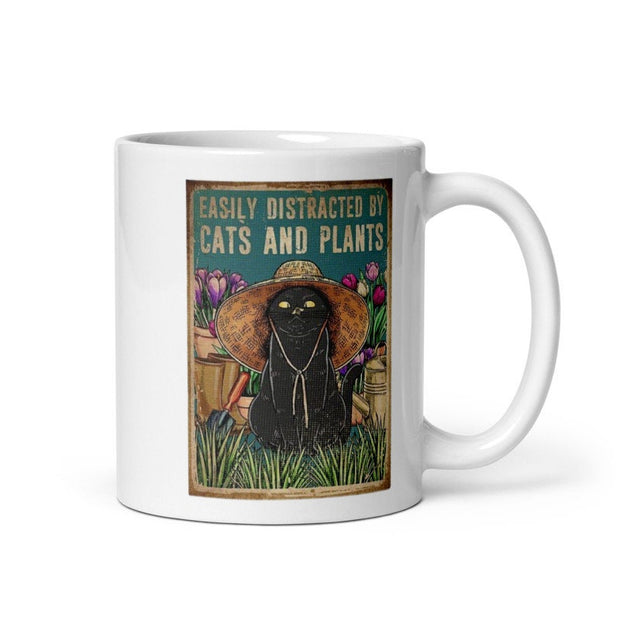 easily distracted by cats and plants  ,Black Cat coffee mug