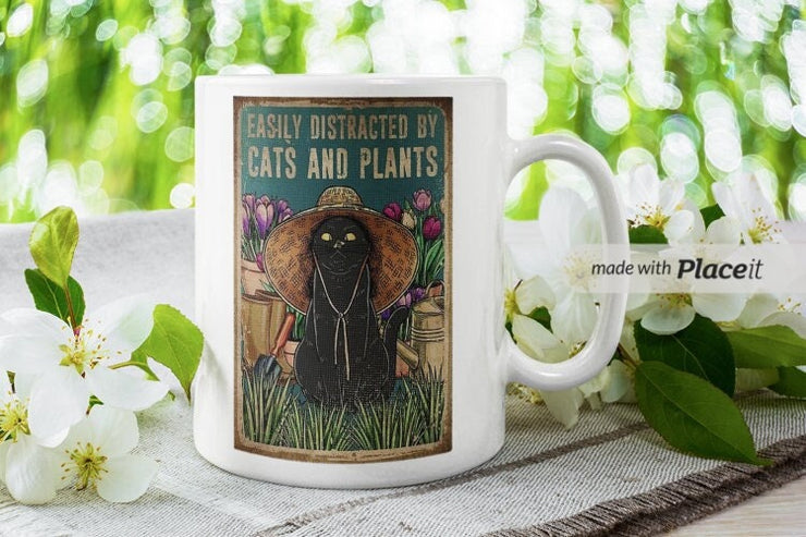 easily distracted by cats and plants  ,Black Cat coffee mug