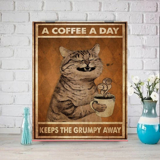 A coffee a day keeps the grumpy away, tabby  cat-poster , ginger Cat Wall Art