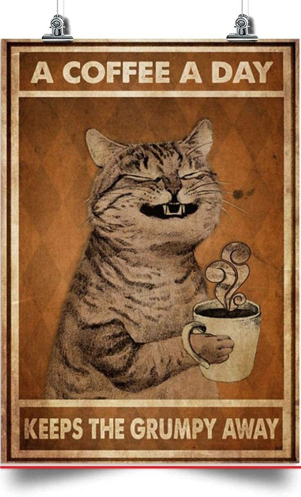 A coffee a day keeps the grumpy away, tabby  cat-poster , ginger Cat Wall Art