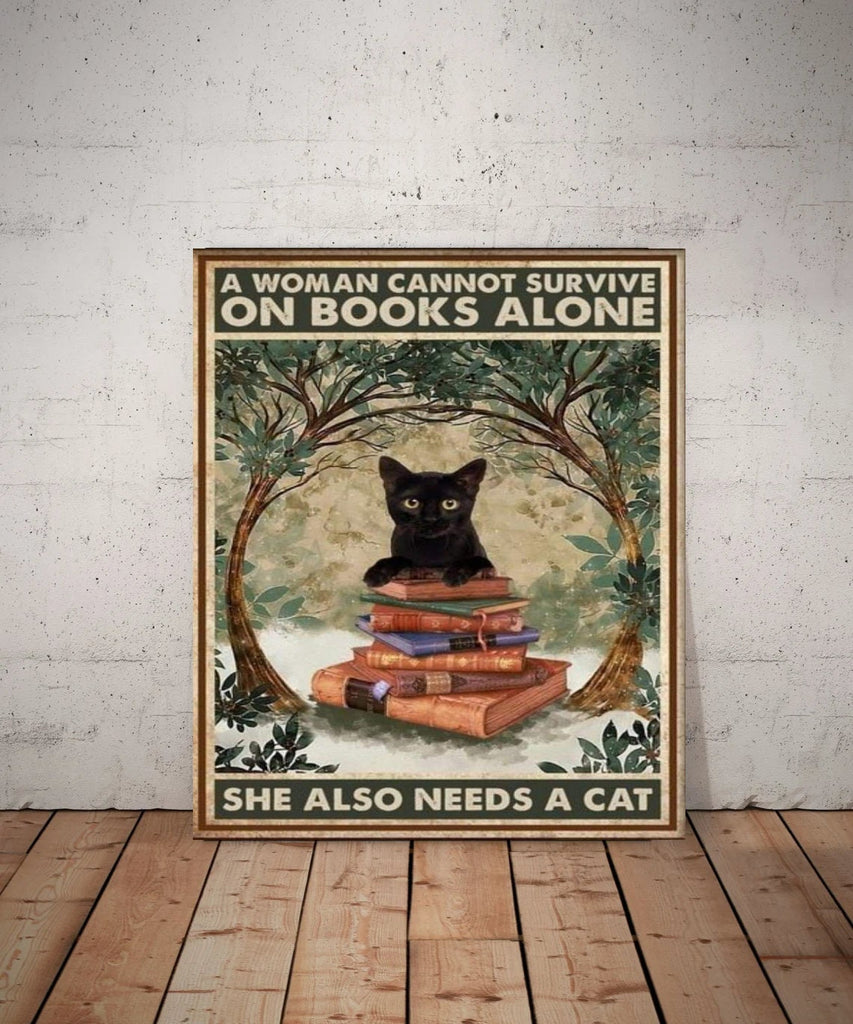 a women cannot survive on books alone she needs a cat-poster , Black Cat Wall Art - Black Cat Print - -Black Cat Artwork - Home Decor