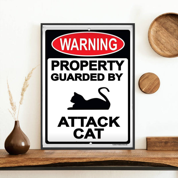 black cat art poster, warning property guarded  by attack cat