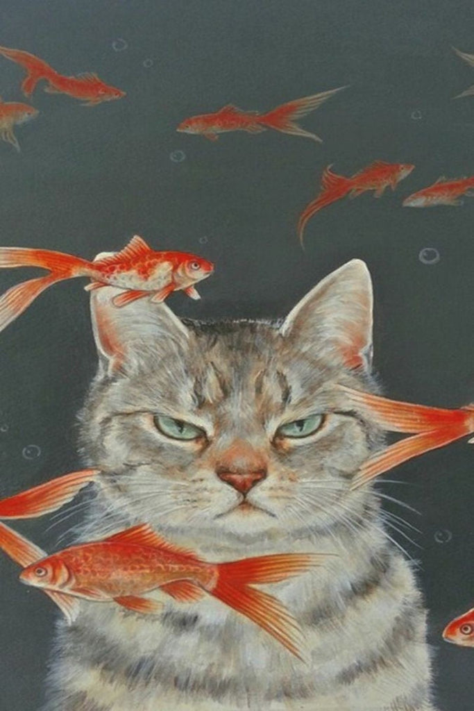 tabbycat with goldfish  cat poster .tabby cat-poster ,tabby Cat Wall Art - tabby Cat Print -tabby Cat Artwork - Home Decor