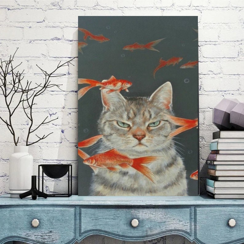 tabbycat with goldfish  cat poster .tabby cat-poster ,tabby Cat Wall Art - tabby Cat Print -tabby Cat Artwork - Home Decor