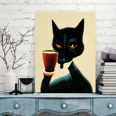 black cat drinking coffee portriat  ,black cat-poster , Black Cat Wall Art - Black Cat Print -Black Cat Artwork - Home Decor