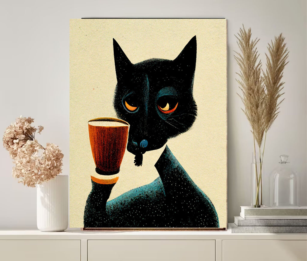 black cat drinking coffee portriat  ,black cat-poster , Black Cat Wall Art - Black Cat Print -Black Cat Artwork - Home Decor