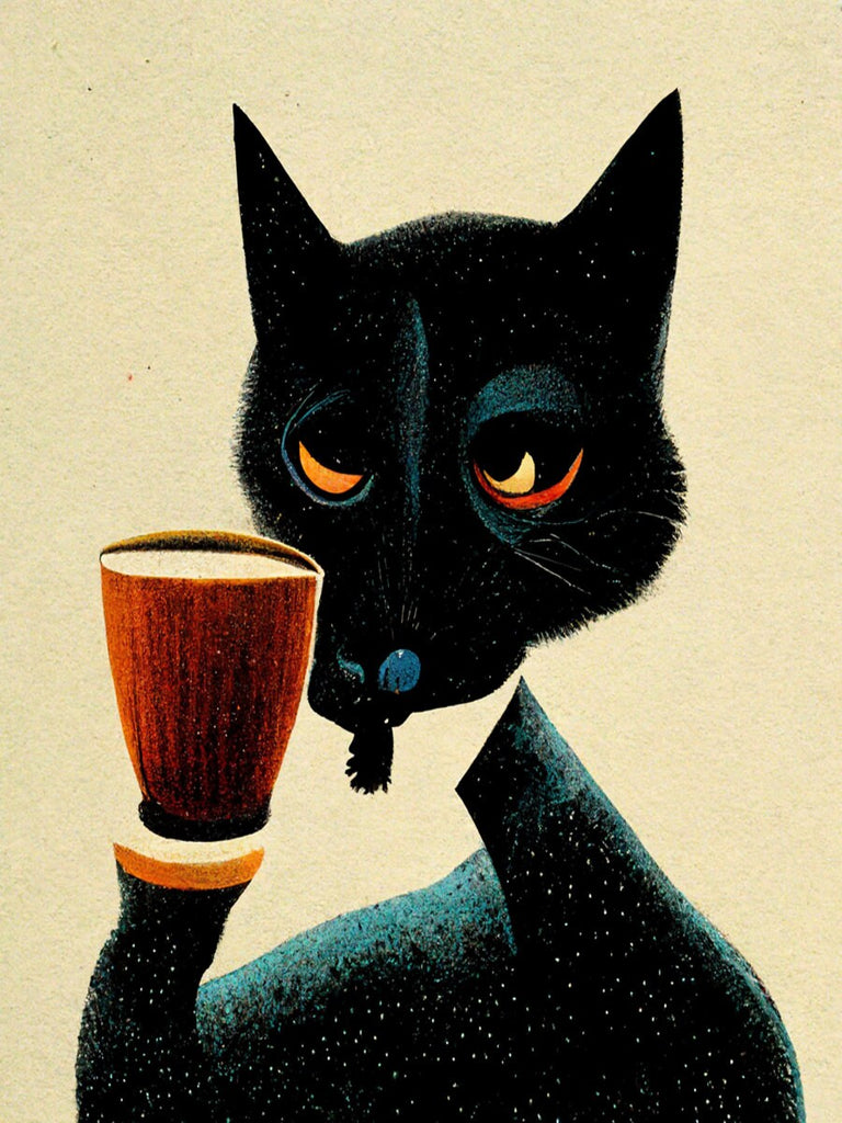 black cat drinking coffee portriat  ,black cat-poster , Black Cat Wall Art - Black Cat Print -Black Cat Artwork - Home Decor