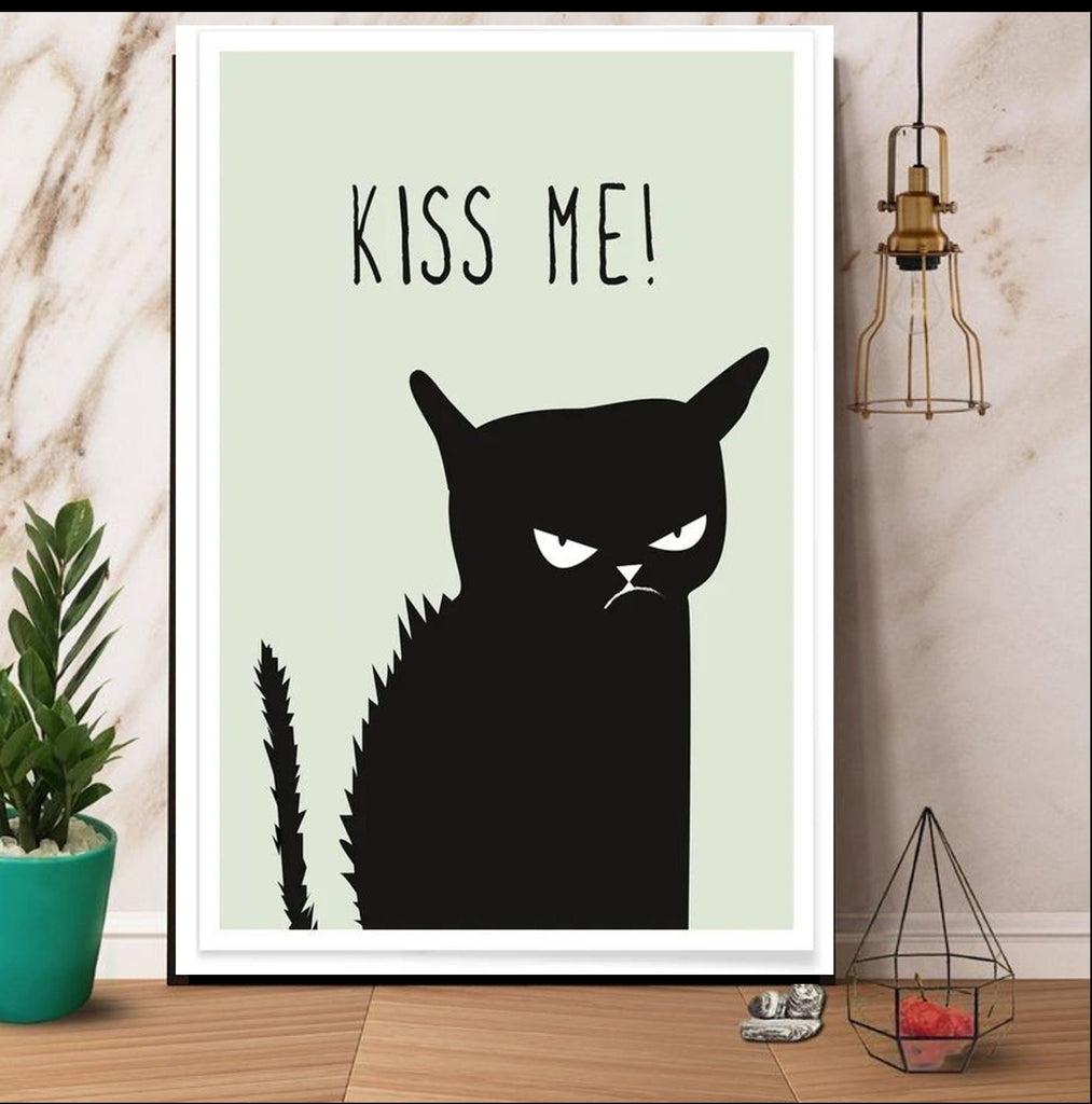 black cat kiss me wall  art  poster , Black Cat Wall Art - Black Cat Print -Black Cat Artwork - Home Decor