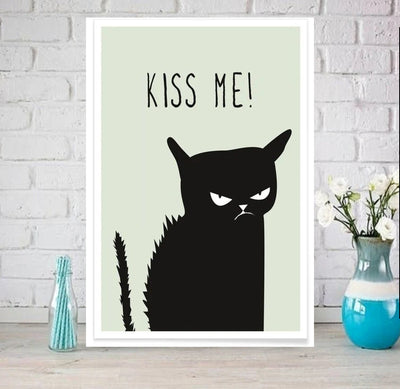 black cat kiss me wall  art  poster , Black Cat Wall Art - Black Cat Print -Black Cat Artwork - Home Decor