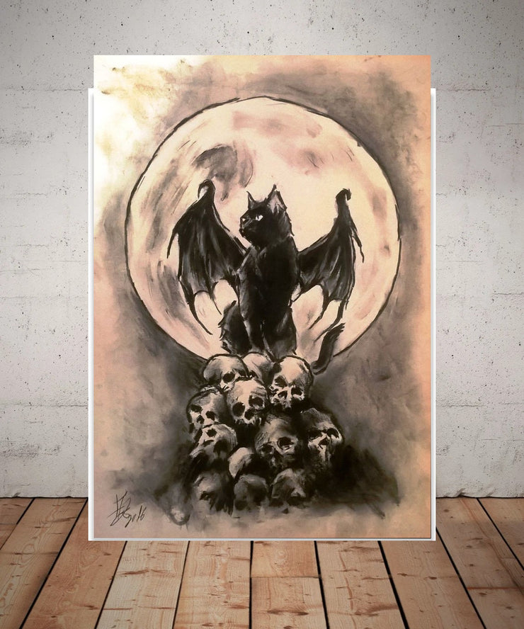 black cat with bat wings  art,black cat-poster , Black Cat Wall Art - Black Cat Print -Black Cat Artwork - Home Decor