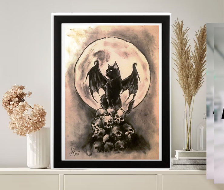 black cat with bat wings  art,black cat-poster , Black Cat Wall Art - Black Cat Print -Black Cat Artwork - Home Decor