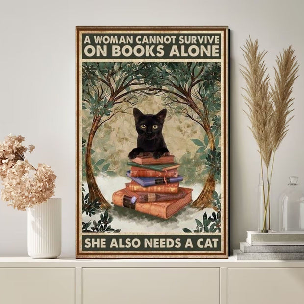 a women cannot survive on books alone she needs a cat-poster , Black Cat Wall Art - Black Cat Print - -Black Cat Artwork - Home Decor