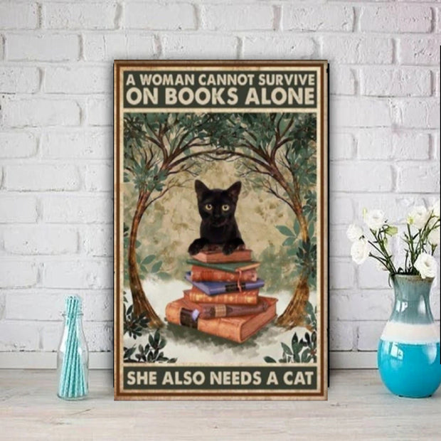 a women cannot survive on books alone she needs a cat-poster , Black Cat Wall Art - Black Cat Print - -Black Cat Artwork - Home Decor