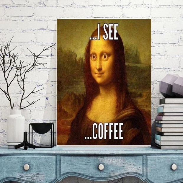 Mona Lisa  i see coffee Print, Original Oil Painting Cat Portrait Poster, Vintage Wall Art, Unique Gift