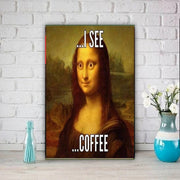 Mona Lisa  i see coffee Print, Original Oil Painting Cat Portrait Poster, Vintage Wall Art, Unique Gift