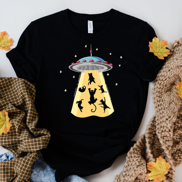 cat abduction  t shirt  ,alien cat aduction , black cat shirt