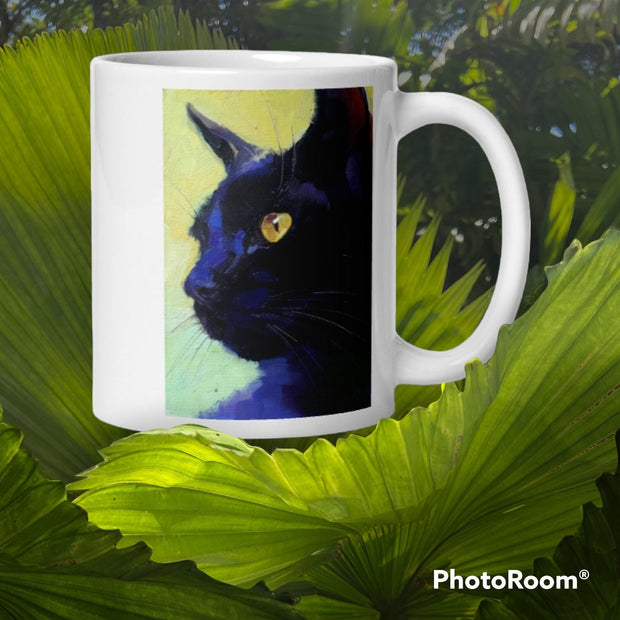 black cat portrait mug ,11oz ceramic mug, black cat  coffee mug