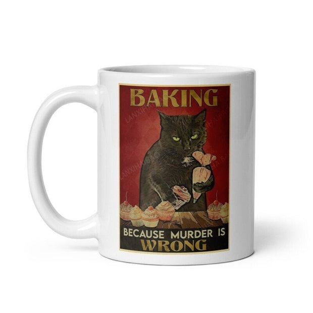 Baking because murder is wrong mug ,11oz coffee  Mug -black Cat coffee Mug   ,cat lover gifts