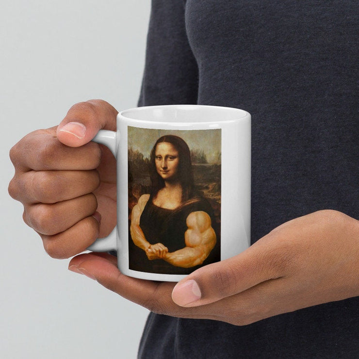 Mona Lisa with biceps  coffee mug , Original Oil Painting portrait mug, Vintage Art, Unique coffee mug gift