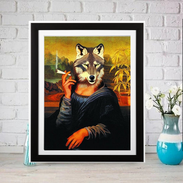 Mona Lisa  wolf painting,png  printable Original Oil Painting Cat Portrait Poster, Vintage Wall Art, Unique Gift