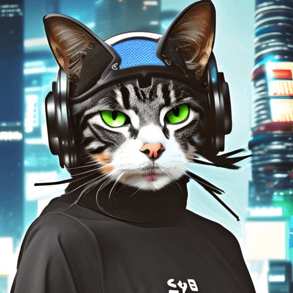 tabby cat wearin headphones  portriat poster  .tabby cat-poster , Cat Wall Art -Cat Print - | AI-Generated Art | Futuristic Ai Art |