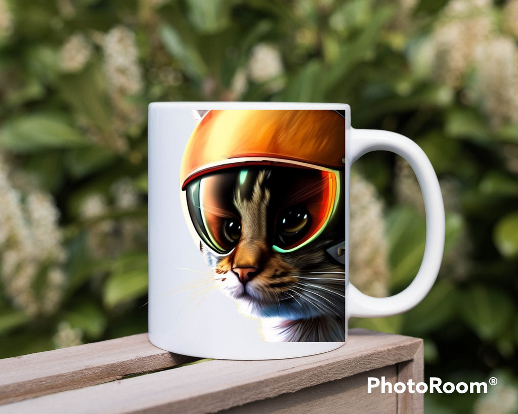 tabby cat with helemt 11oz  mug , tabby cat,cat  lover Gifts , Cat Coffee Mug