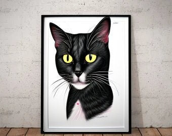 black  cat portriat poster  .black  cat-poster , Cat Wall Art -Cat Print -