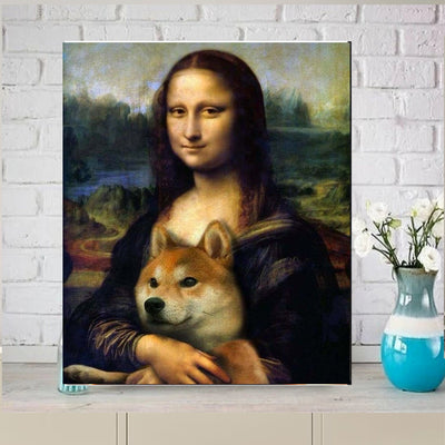 mona lisa holding a dog Print,Original Oil Painting  de vinci Portrait Poster, Vintage Wall Art, Unique Gift