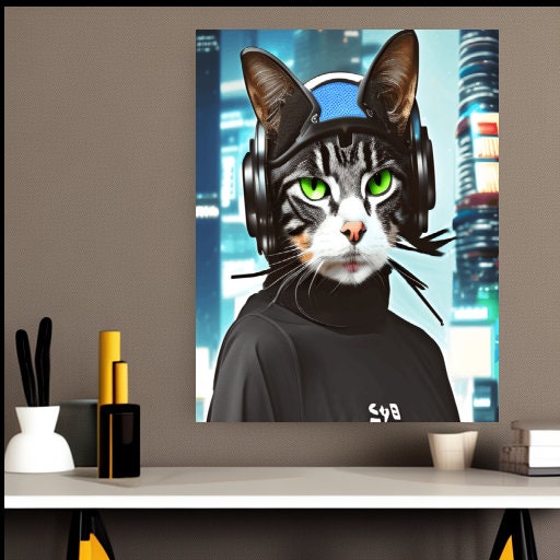 tabby cat wearin headphones  portriat poster  .tabby cat-poster , Cat Wall Art -Cat Print - | AI-Generated Art | Futuristic Ai Art |