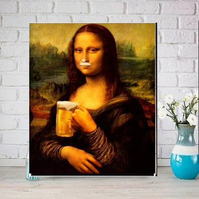 Mona Lisa  drinkin beer ,png  printable Original Oil Painting  Portrait Poster, Vintage Wall Art, Unique Gift