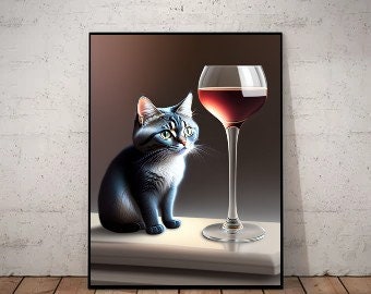 cat with glass of wine , tabby  Cat Wall Art -tabby Cat Print -tabby  Cat Artwork - Home Decor