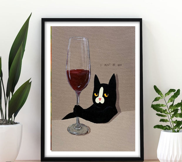 black cat and wine  poster, cat-poster ,black Cat Wall Art -black Cat Print -black Cat Artwork - Home Decor