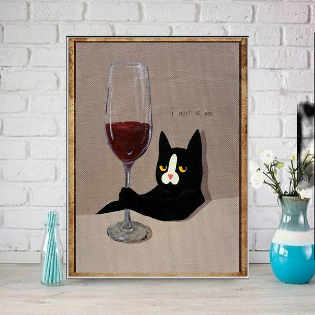 black cat and wine  poster, cat-poster ,black Cat Wall Art -black Cat Print -black Cat Artwork - Home Decor