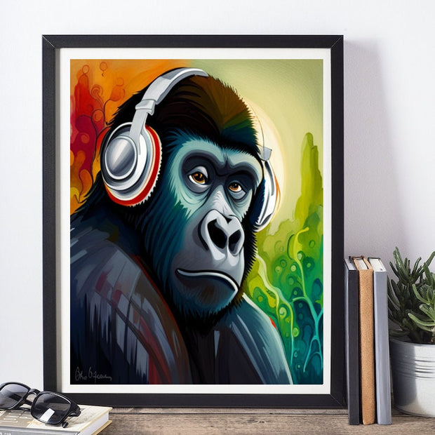 gorilla with Headphones ,Wall Art gorilla  Poster, Gorilla Print  unframed