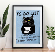 black cat poster, cat to do list , , Black Cat Wall Art - Black Cat Print --Black Cat Artwork - Home Decor