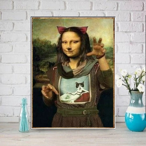 Mona Lisa in cat outfit art Print, Original Oil Painting  de vinci Portrait Poster