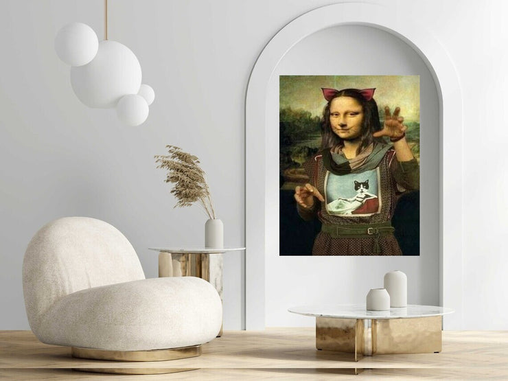 Mona Lisa in cat outfit art Print, Original Oil Painting  de vinci Portrait Poster