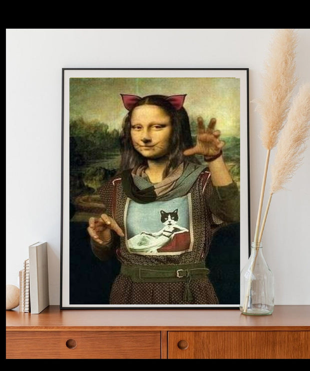 Mona Lisa in cat outfit art Print, Original Oil Painting  de vinci Portrait Poster