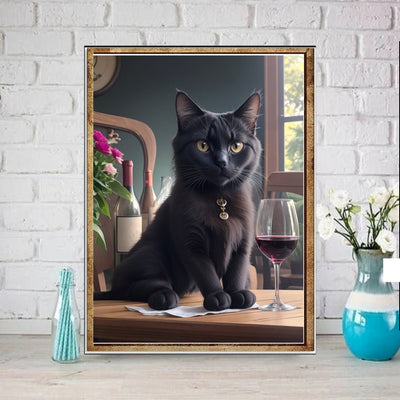 black cat with glass of wine -poster , Black Cat Wall Art - Black Cat Print - -Black Cat Artwork - Home Decor