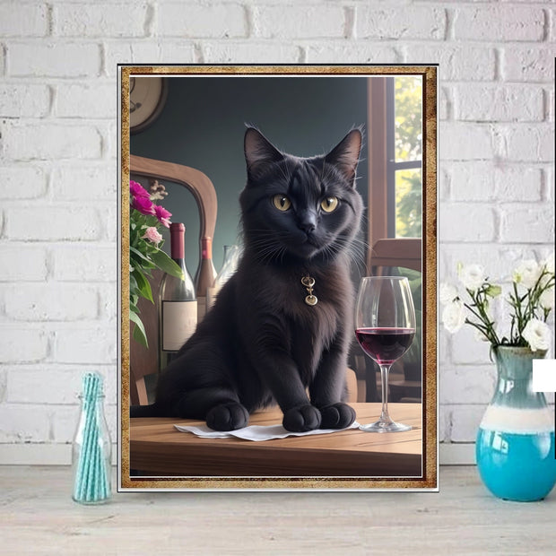 black cat with glass of wine -poster , Black Cat Wall Art - Black Cat Print - -Black Cat Artwork - Home Decor