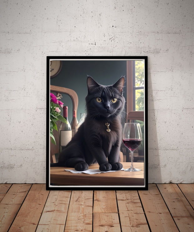 black cat with glass of wine -poster , Black Cat Wall Art - Black Cat Print - -Black Cat Artwork - Home Decor