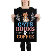 cats books and coffee  cat  poster ,tabby  Cat Wall Art - Home Decor