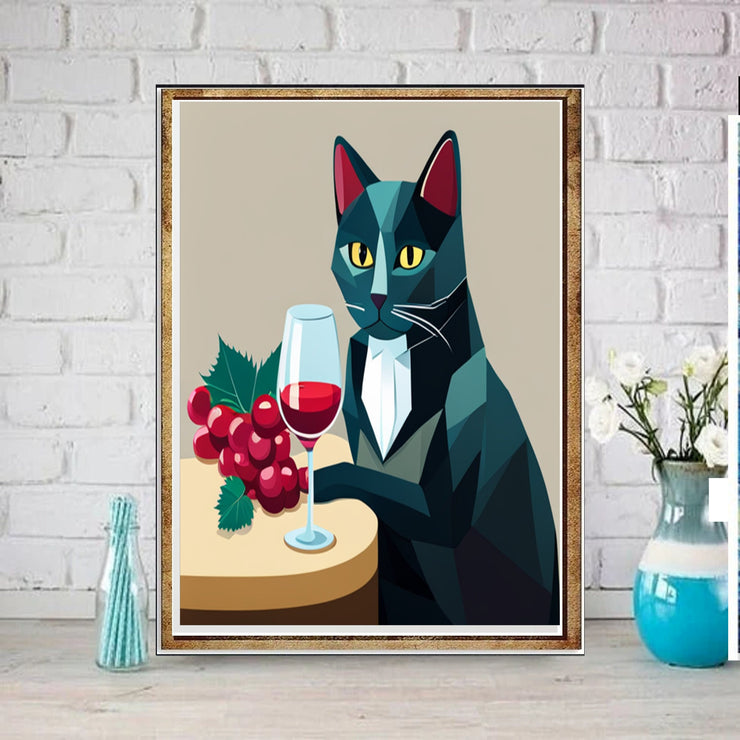 cat with glass of wine print  ,tabby  Cat Wall Art - home decor