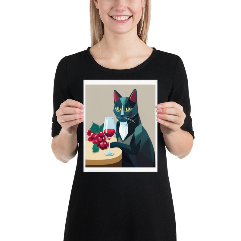 cat with glass of wine print  ,tabby  Cat Wall Art - home decor