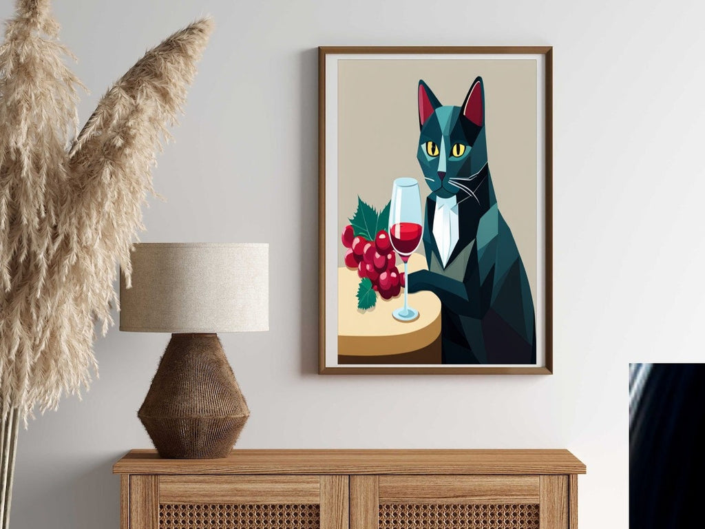 cat with glass of wine print  ,tabby  Cat Wall Art - home decor