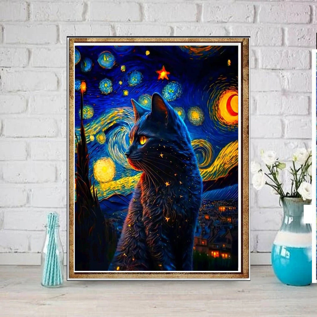 Starry Night Van Gogh with black cat ,starry night cat print,  Night Sky art painting , | Starry Night  | van goth art , van goth Wall Art