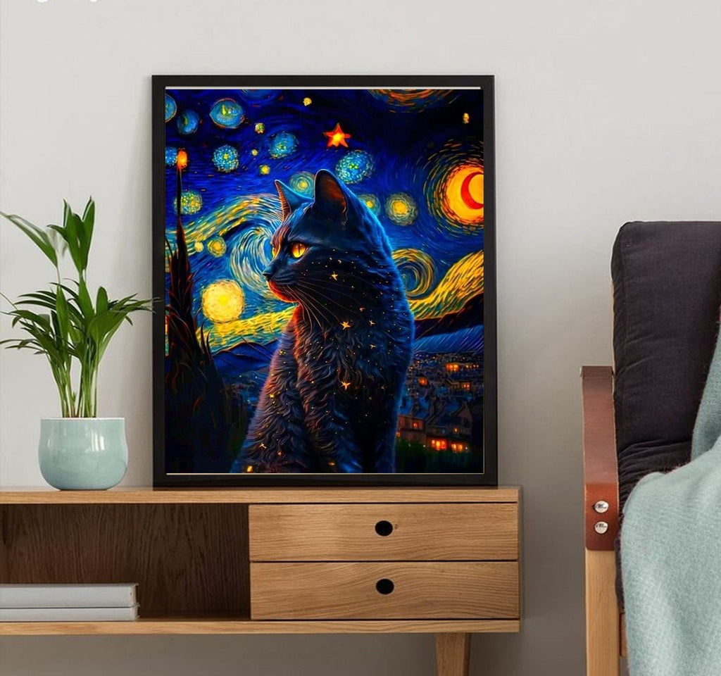 Starry Night Van Gogh with black cat ,starry night cat print,  Night Sky art painting , | Starry Night  | van goth art , van goth Wall Art