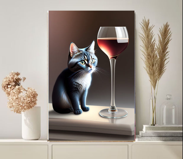 cat with glass of wine , tabby  Cat Wall Art -tabby Cat Print -tabby  Cat Artwork - Home Decor