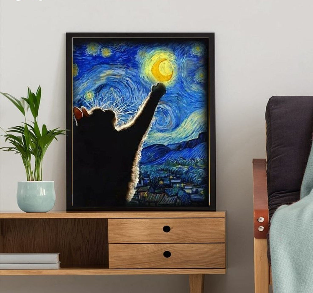 Van Goth Starry Night with black  cat print,   van goth starry Night Poster | Starry Night Canvas |  black   cat-poster,  van goth  Wall Art