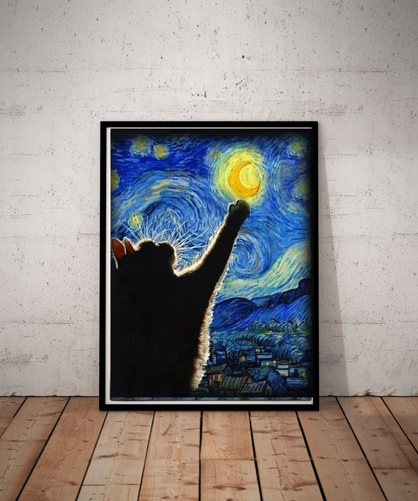 Van Goth Starry Night with black  cat print,   van goth starry Night Poster | Starry Night Canvas |  black   cat-poster,  van goth  Wall Art